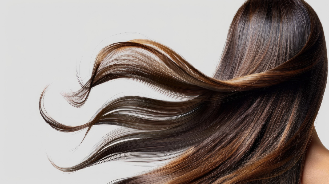 Long brown hair with lighter streaks flowing outward against a light background.